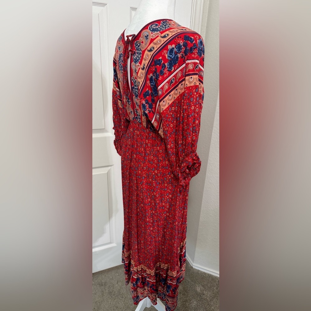 Umgee Red Boho Peasant High Low Back Tie Midi Dress Women's Size S - Picture 3 of 10